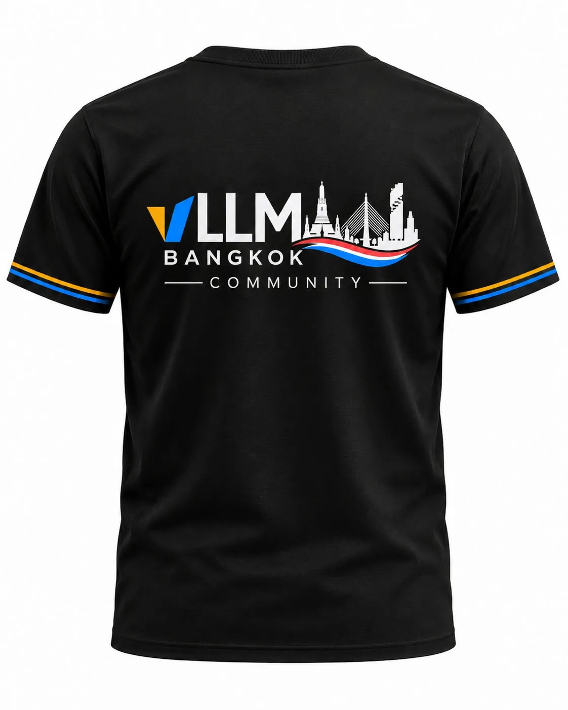 Back of the T-shirt: large white vLLM Bangkok Community logo with the Bangkok skyline