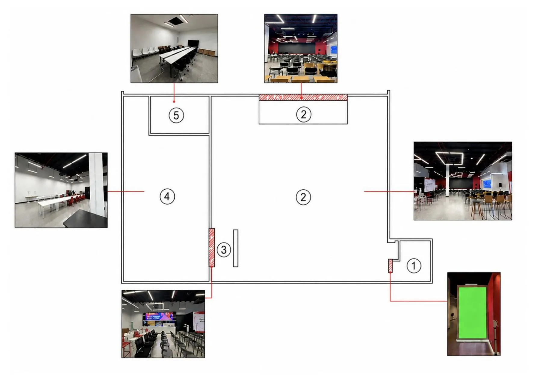 Preliminary floor plan showing the Welcome Zone, Main Hall, Counter Bar, Networking Room and VIP Lounge, with photographs of each space.